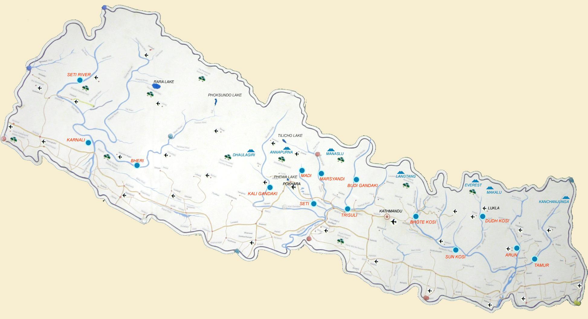 Map of nepal with rivers - Map of nepal with lakes (Southern Asia - Asia)