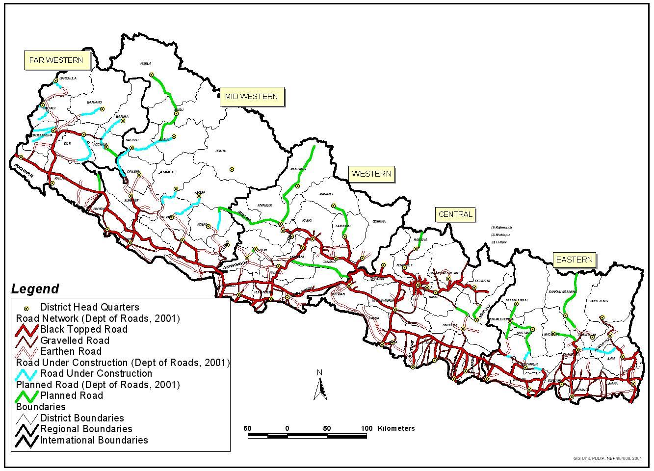 Nepal Road Map With Kilometer Nepal Highway Map - Map Of Nepal Showing Highways (Southern Asia - Asia)