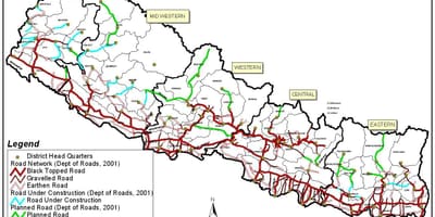 Map of road nepal with districts